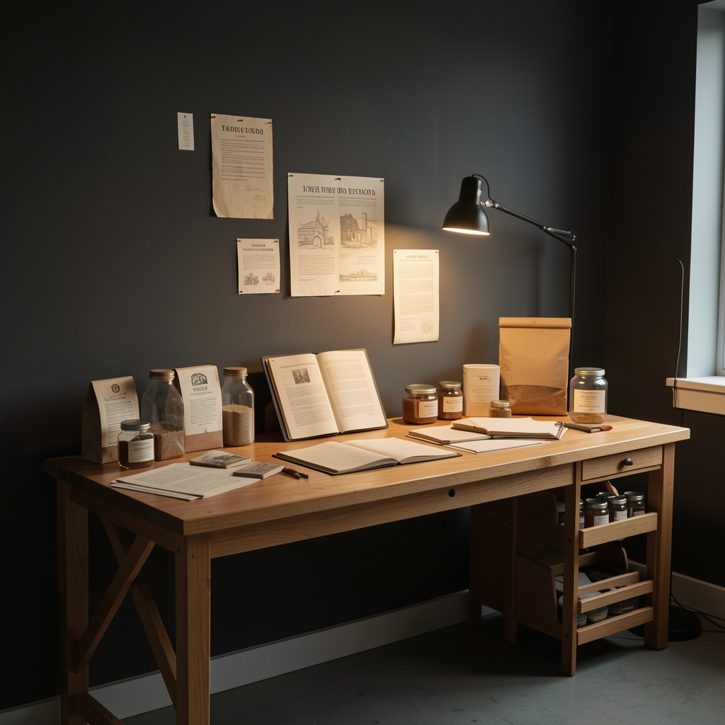 Briolan studio workspace interior with dark walls, workspace bench and ingredient reference materials arranged in an archival manner under warm studio lighting