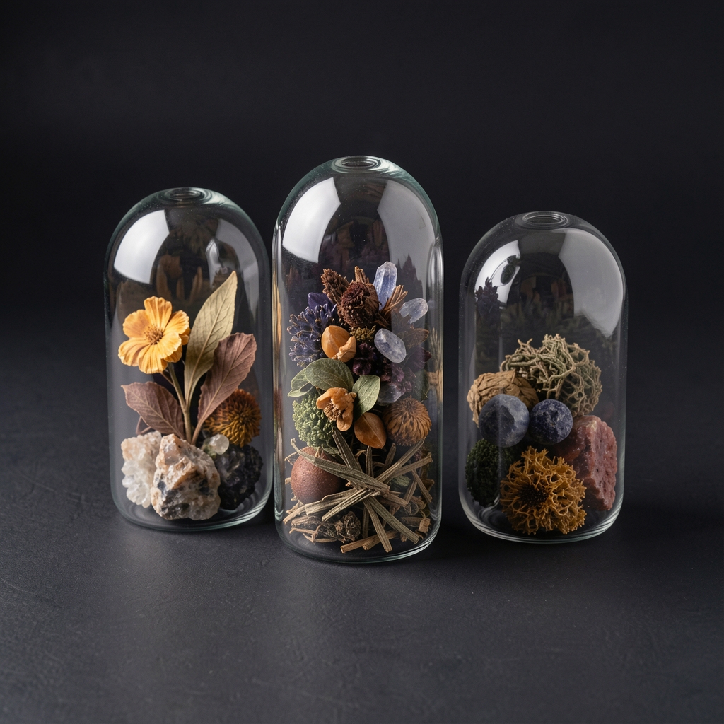 Dark studio composition showing glass capsule containers and dried mineral-rich botanicals arranged on a deep charcoal surface under controlled lighting
