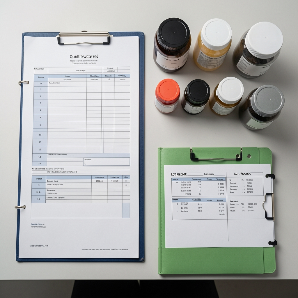 Quality-control bench with coded supplement containers and batch documentation worksheets arranged under bright laboratory lighting