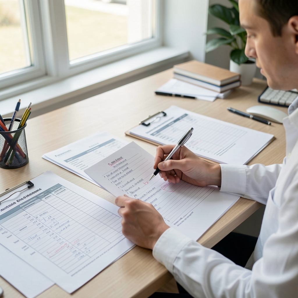 Researcher reviewing formulation notes and ingredient ratio documentation spread across a well-lit workspace desk with annotated research papers and batch records visible